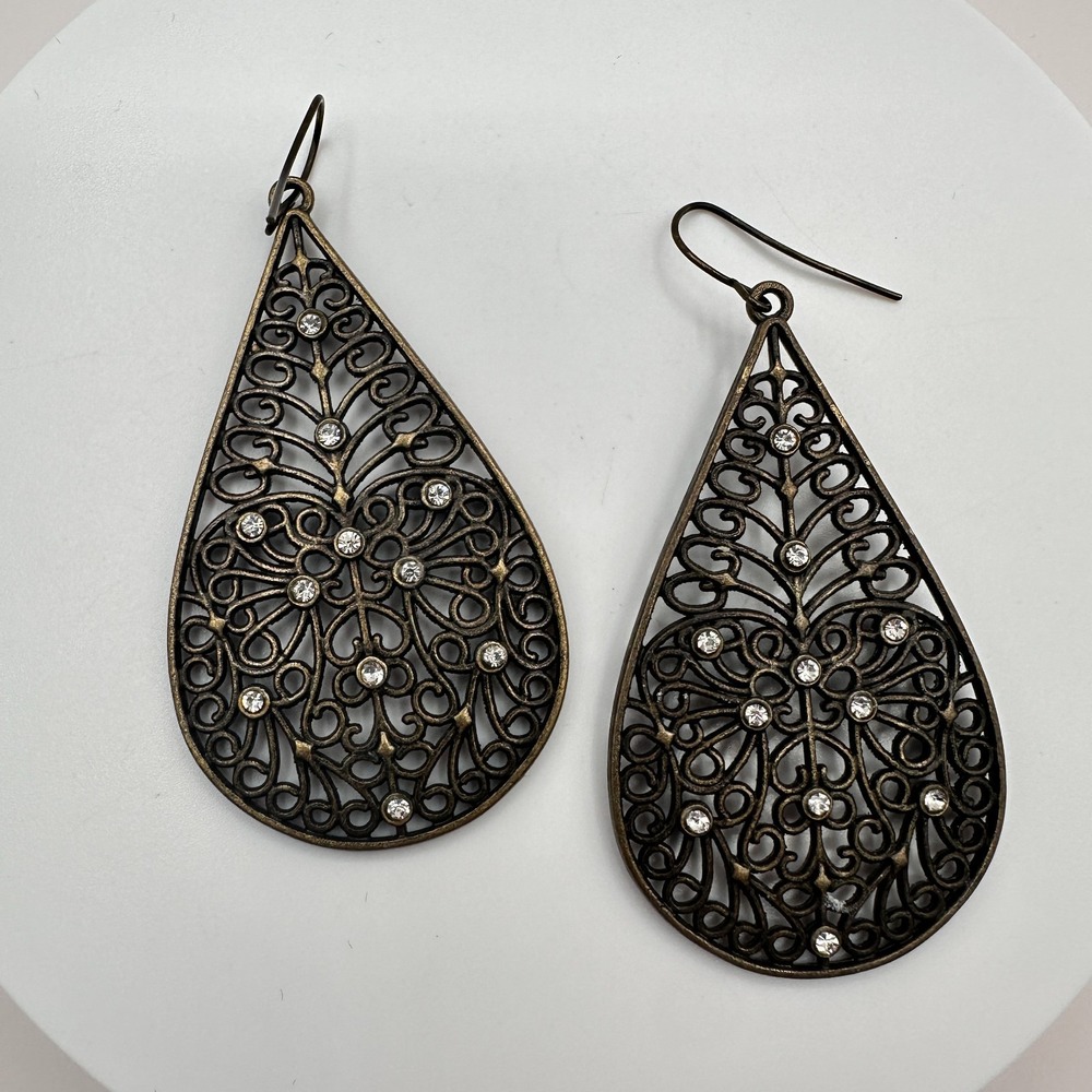 Vintage 90s Bronze Filigree Teardrop Dangle Earrings Boho Y2K